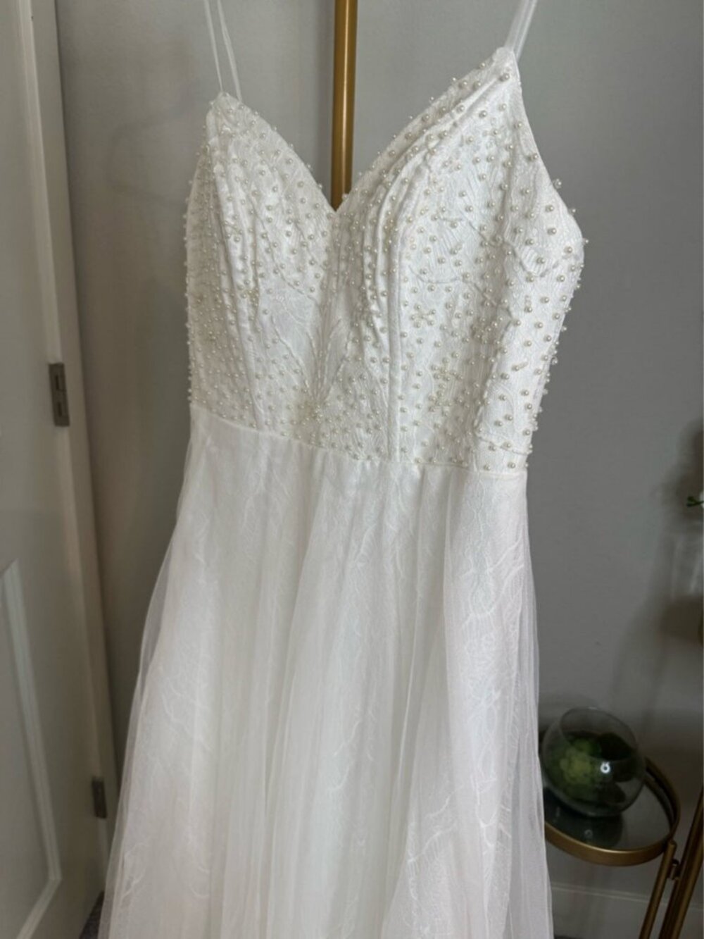 Lulus Pearl Embellished White Bridal Maxi Dress Spaghetti Strap Tulle Size S